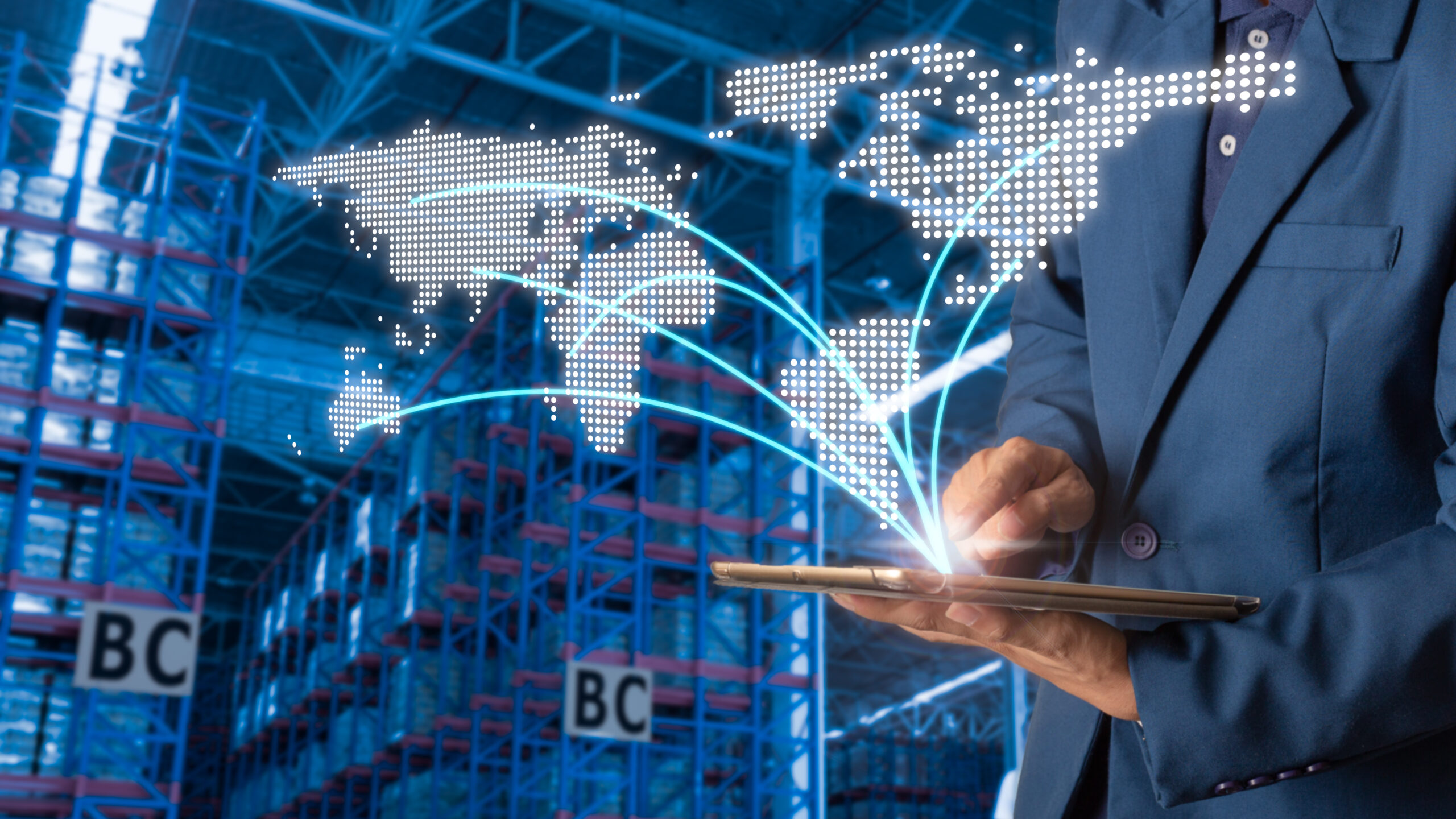 Businessman manager using tablet check and control for workers w